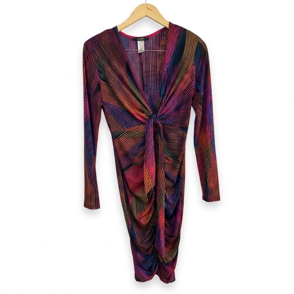 VTG 90s Cameo Geometric Abstract Knot Front Bodycon Multicolor Long Sleeve Dress